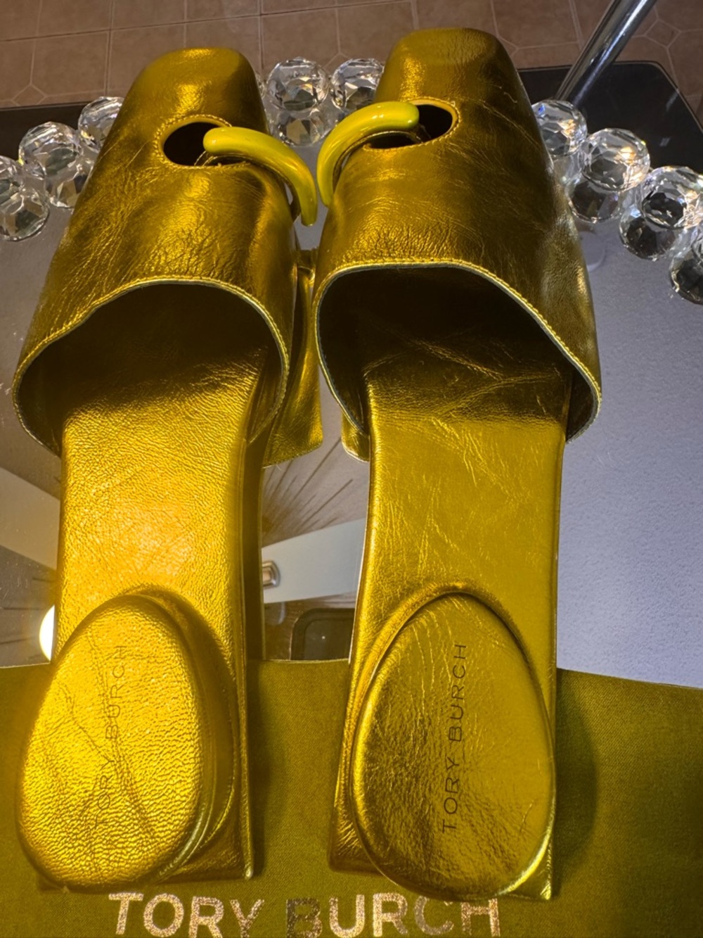 Tory Burch Pierced Leather Square Toe Mules/ Sandsls in Gold. Size 7 - Picture 8 of 9